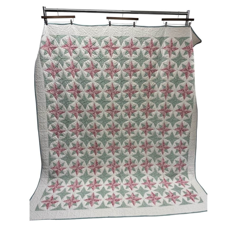 Handmade Star Pattern Cottagecore Quilt Pink Green White 84" x 95"